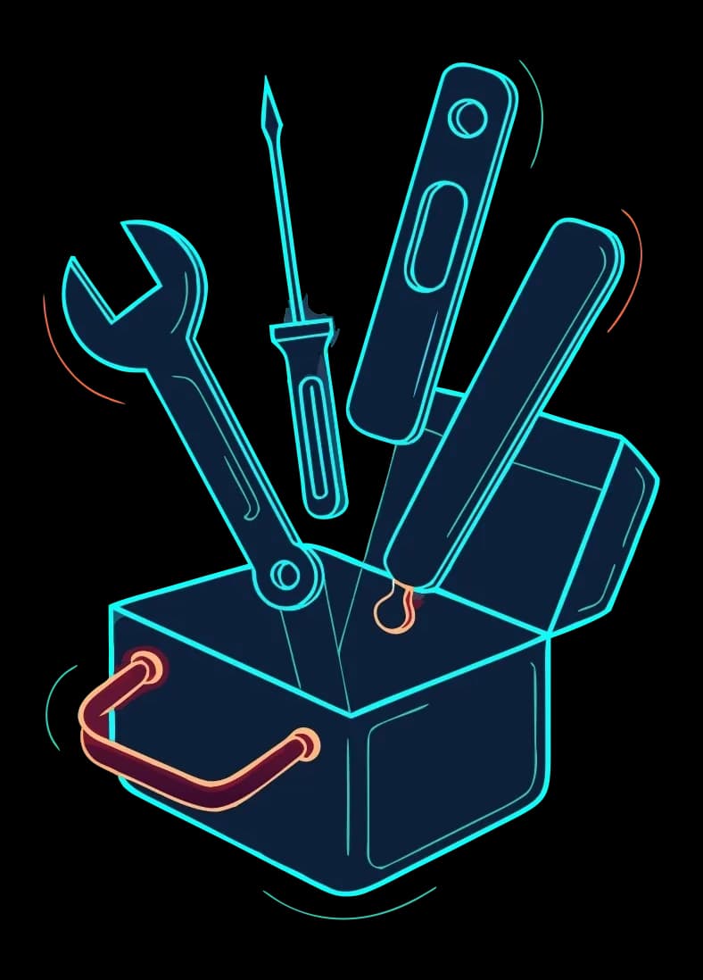 A glowing line-art toolbox with a wrench, screwdriver and levels bursting out of it β representing Tradesppl's free trade calculators and tools