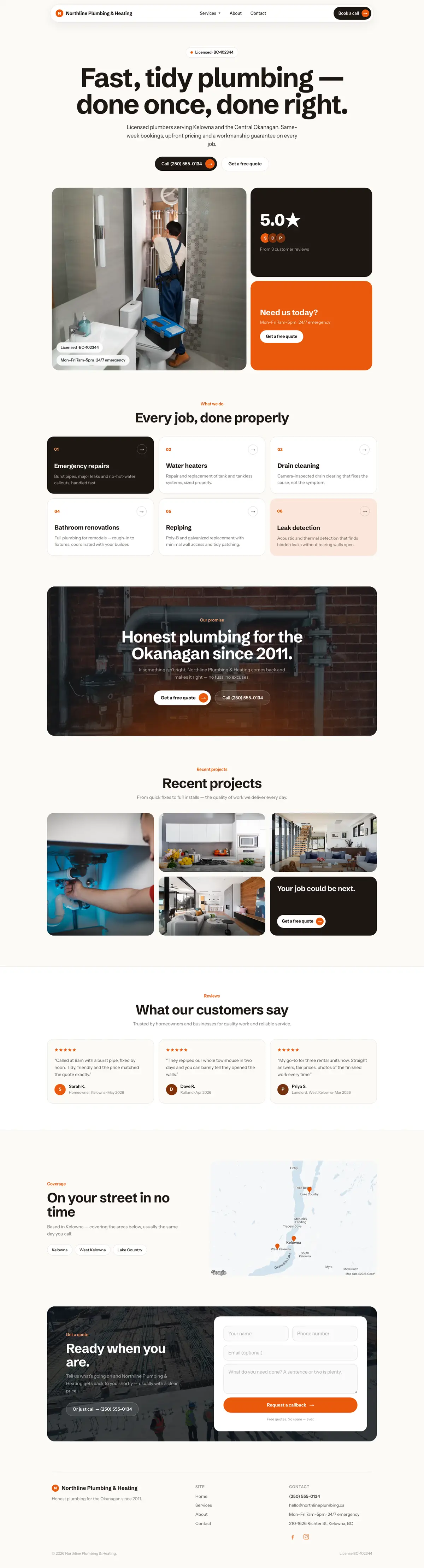 The Bento layout rendered as a real plumbing business website — Northline Plumbing & Heating