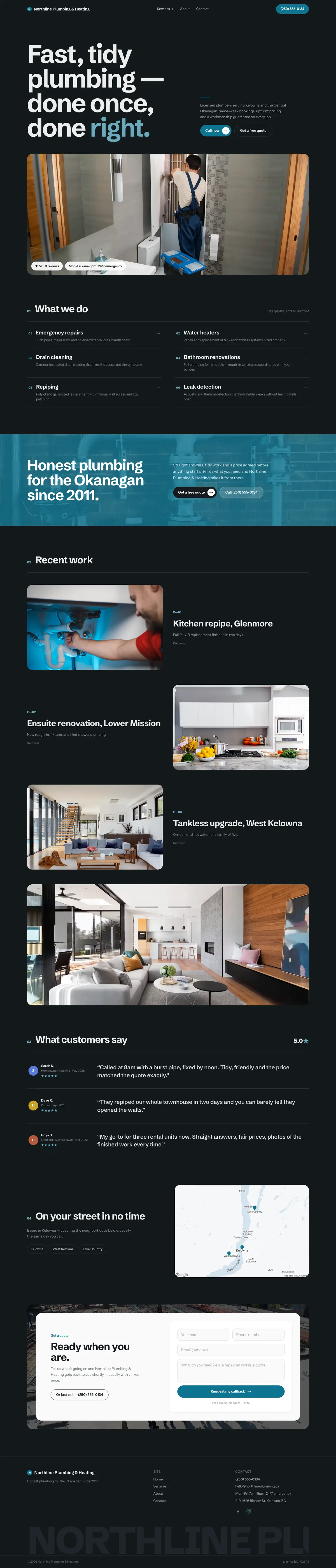 The Editorial Dark layout rendered as a real plumbing business website — Northline Plumbing & Heating